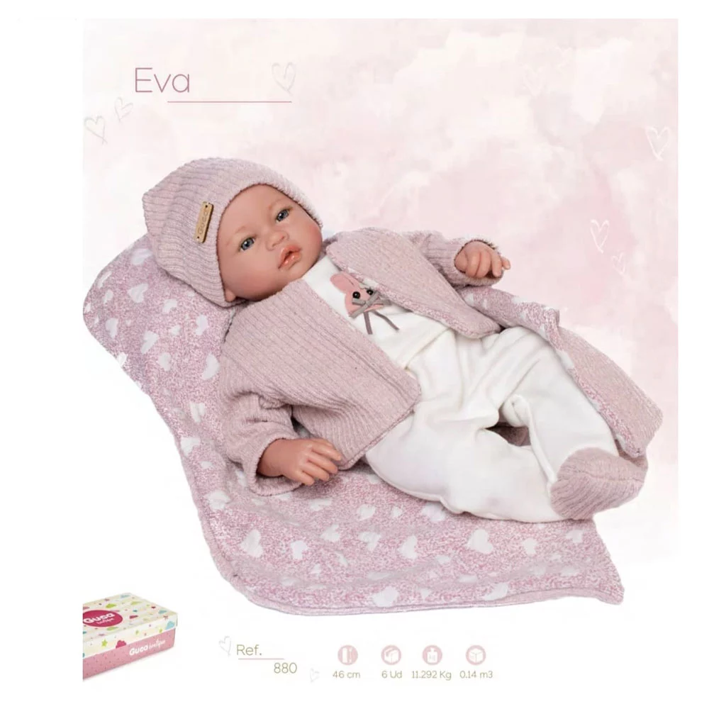 Guga-Κούκλα-Μωρό-Eva-με-ροζ-ζακατάκι-και-κουβερτάκι-ροζ-με-καρδούλες-46cm